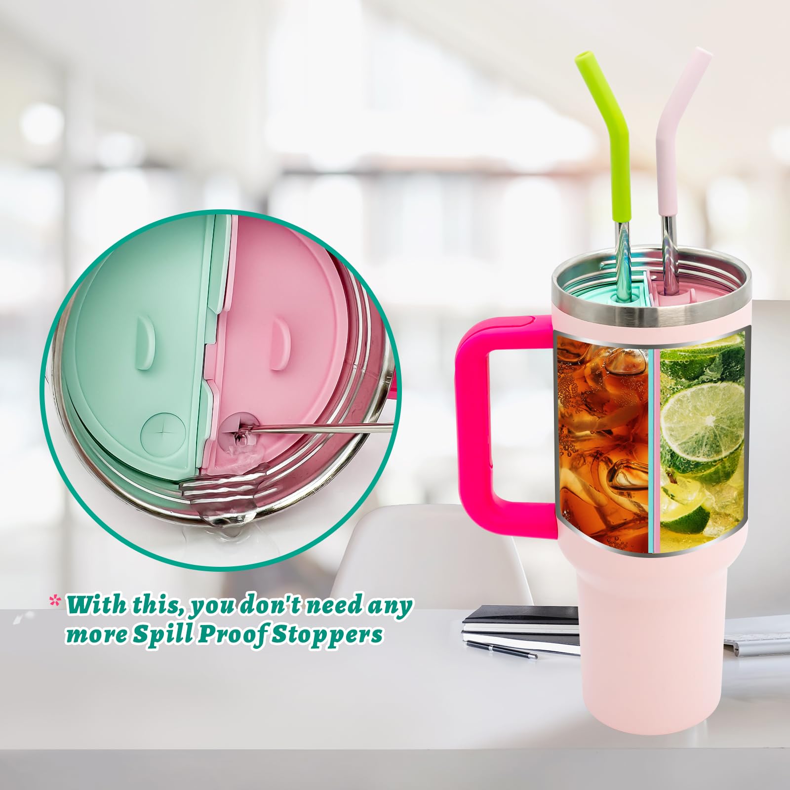 Stanley Cup Divider 2-in-1 Drink Separator Silicone Liner with Silicone Spill Proof Stopper Cover, Double Drinks Bag Fit Stanley Cup 40 oz, Compatible with Stanley Cup Accessories (pink & lake green)