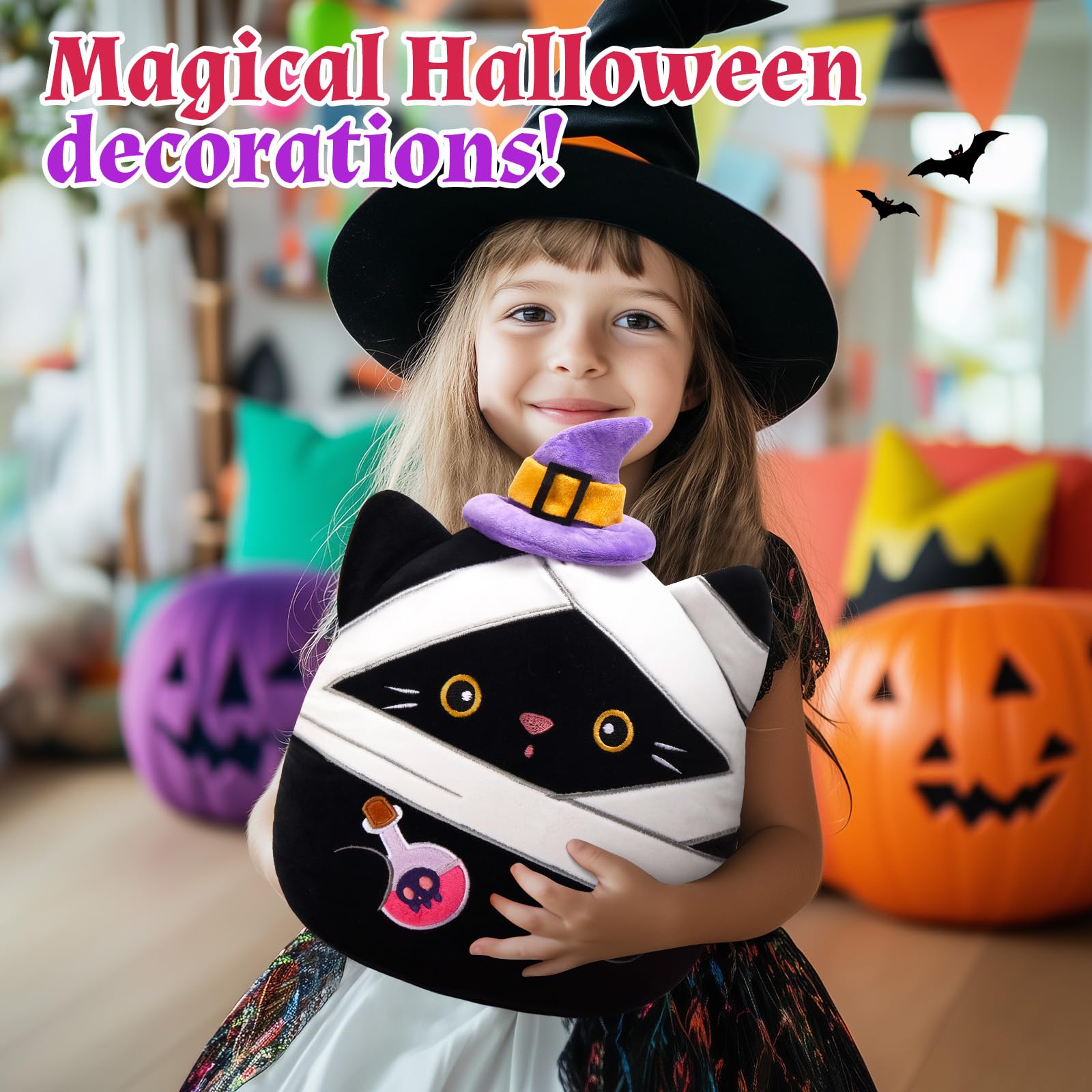 Houwsbaby 12" Halloween Black Cat Plush Pillow with Witch Hat and Poison Bottle, Creative Kitty Stuffed Animal,Soft and Spooky Decoration for Toddler Kids Boys Girls