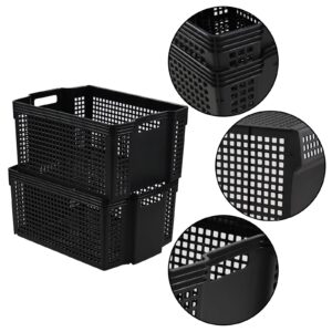 Bblina 6 Pack Large Plastic Organizer Baskets, Stackable Storage Baskets with Handles, Black