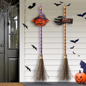 riokko halloween broom decorations, happy halloween broom sign, wooden witch broomsticks halloween front porch decor for home indoor outdoor wall office 47inch