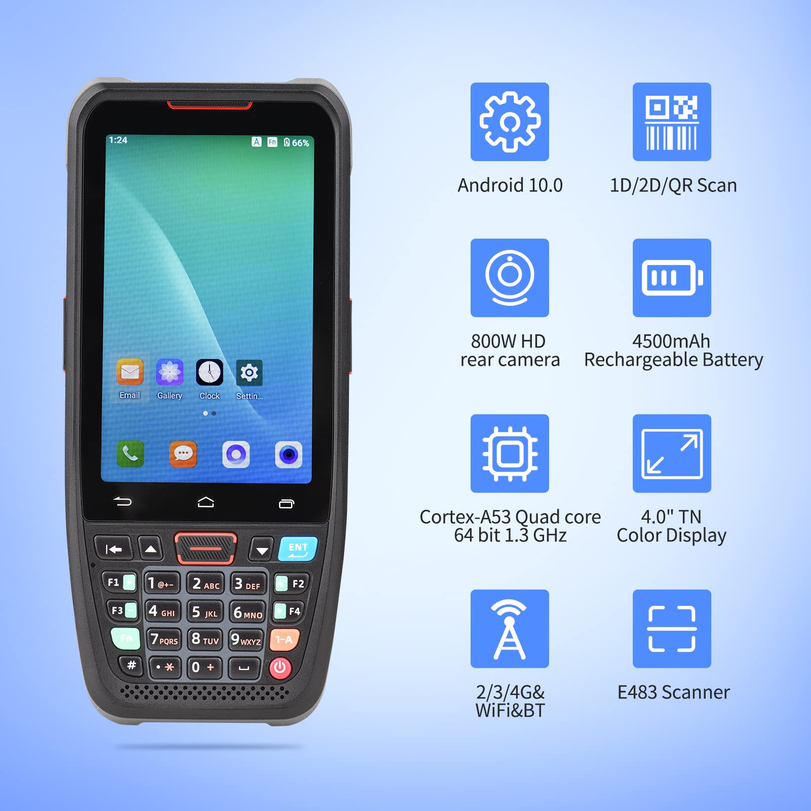 Pda Terminal,HXBER Handheld POS Android 10.0 PDA Terminal 1D/2D/QR Barcode Scanner Support 2/3/4G WiFi BT Communication with 4.0 Inch Touchscreen for Supermarket Restaurant Warehouse Retail Inventory