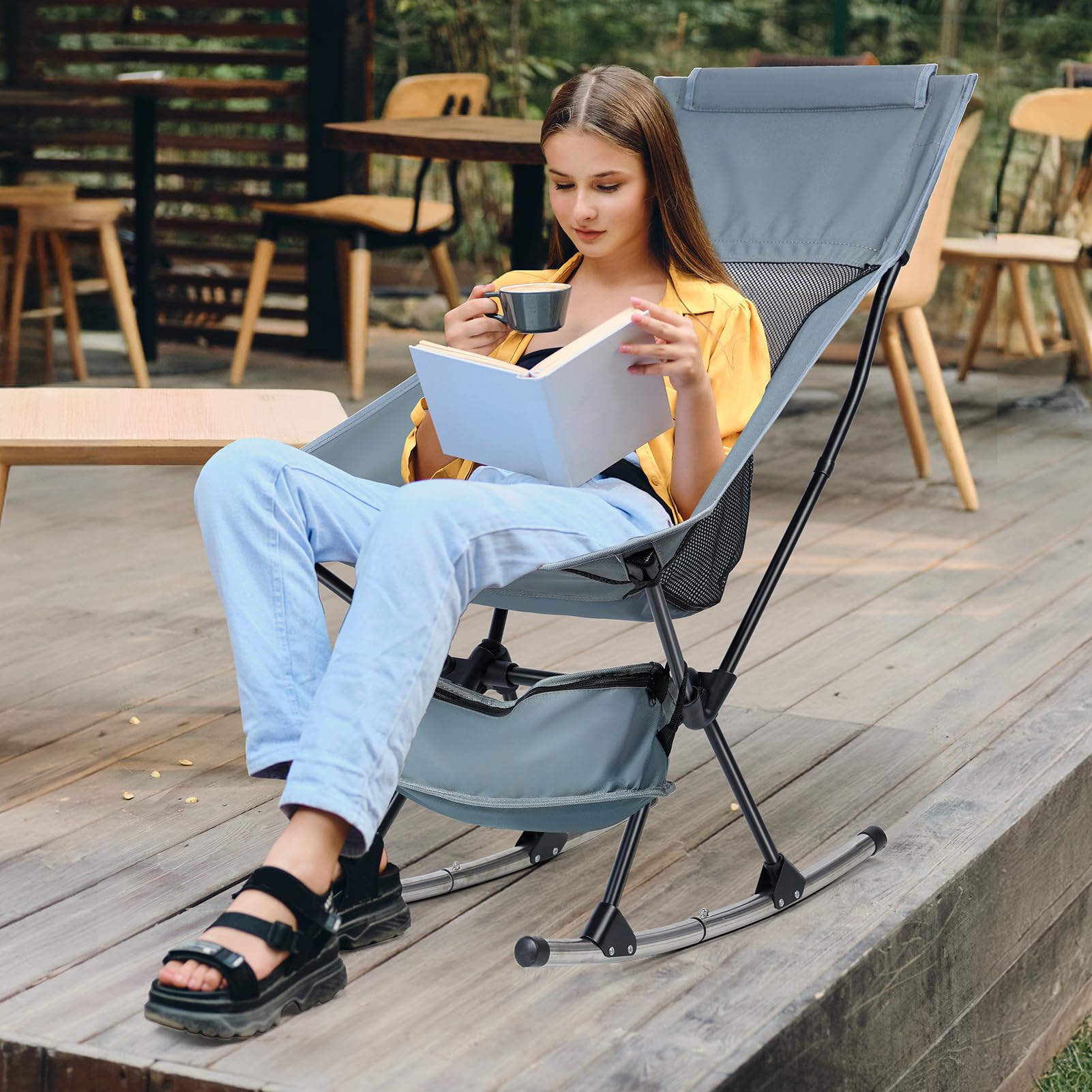 Outdoor Camping Chair, Oversized Folding Chair, Rocking Chair, Adult Heavy Duty Camping Chair for Patio, Lawn and Outdoor Outdoor Folding Rocking Chair, Weight Capacity 253 lbs (Gray)