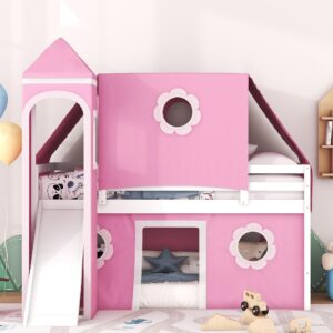 pink twin size loft bed with slide, windows and tent, safe playhouse design with guardrails and ladder, no box spring required, perfect for kids bedrooms, pink