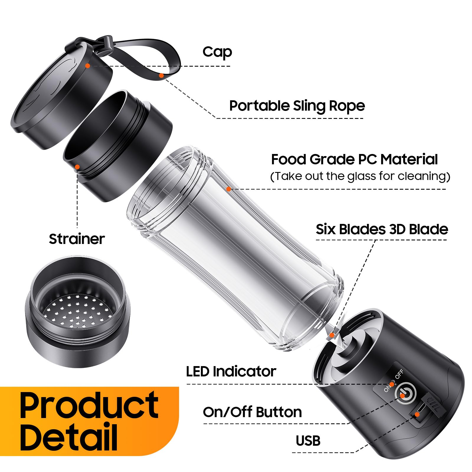 Portable Blender Personal Size Blender - Blender for Smoothies and Shakes, Mini Blender with Six Blades in 3D, Small Blender 380Ml Travel Cup, Freshly Squeezed for Picnic/Sprots