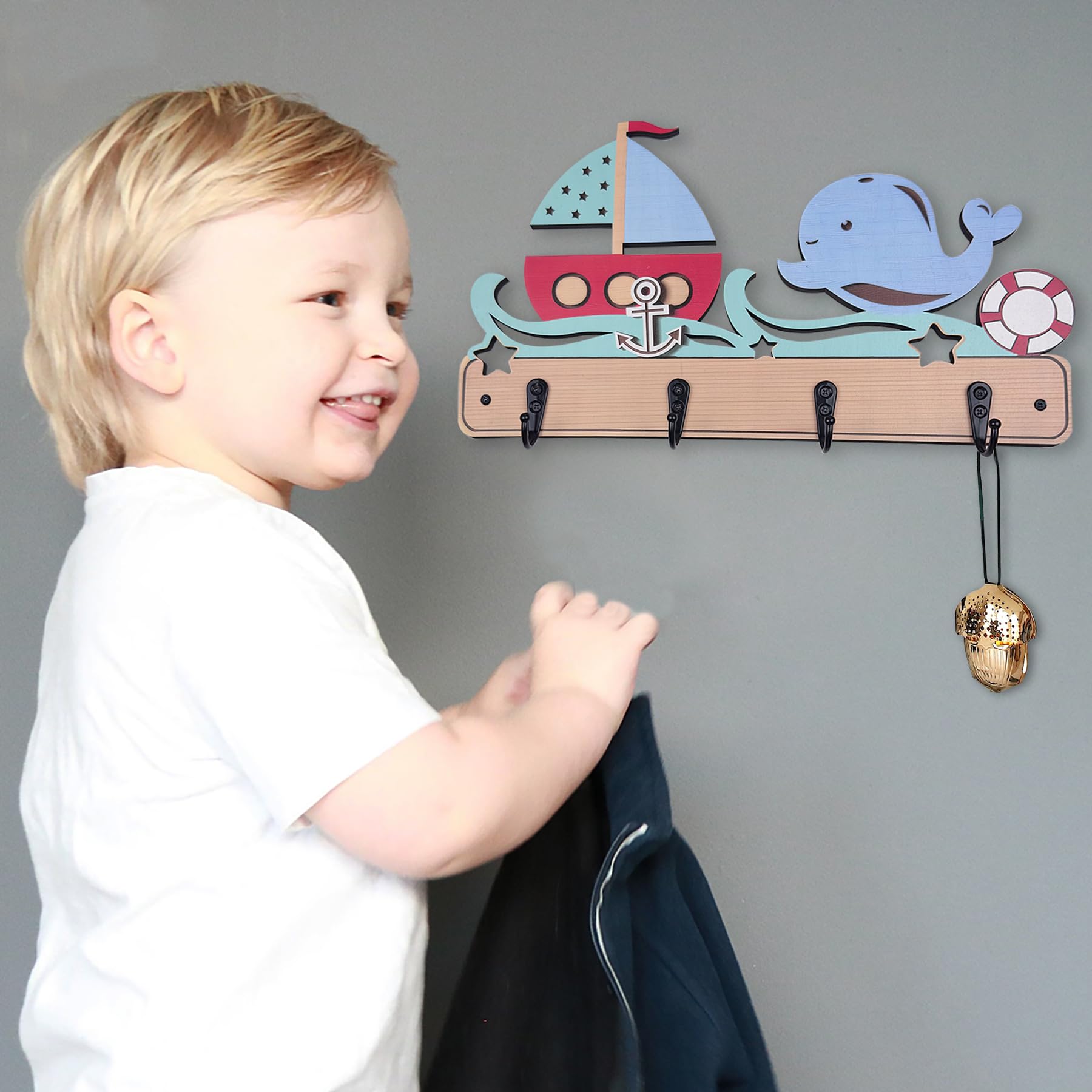 Midrean Cute Wooden Kids Nursery Coat Rack Colorful Wall Mount Hooks -13.7" Long for Children's Room Hanging Towels Hook