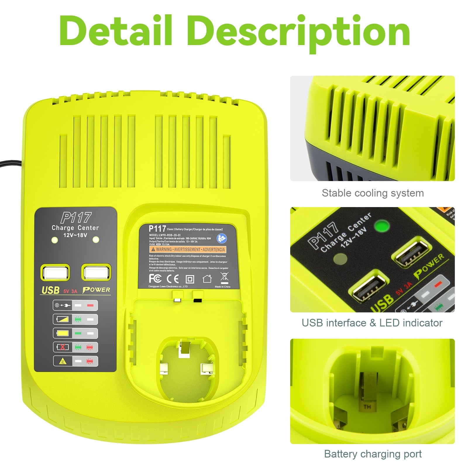 Upgraded P117 21V 3A Rapid Charger + 2 Pack 6.0Ah 18V RB18L50 Lithium Battery Combo for RYOBI P108 P102 P104 High Capacity Cordless Tool Batteries