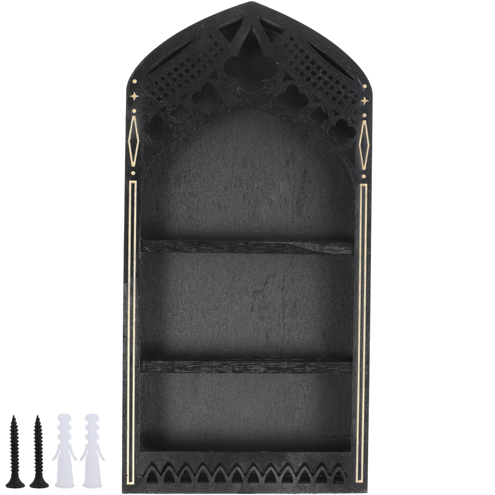 Gothic Window Crystal Shelf Display for Wall, Wooden Wall Mount Stand Case Box, Old Church Window Crystal Wall Shelf, Wooden Gem Stone Rock Storage Holder Trinkets Organizer, 15.7 x 7.8 x 1 inch