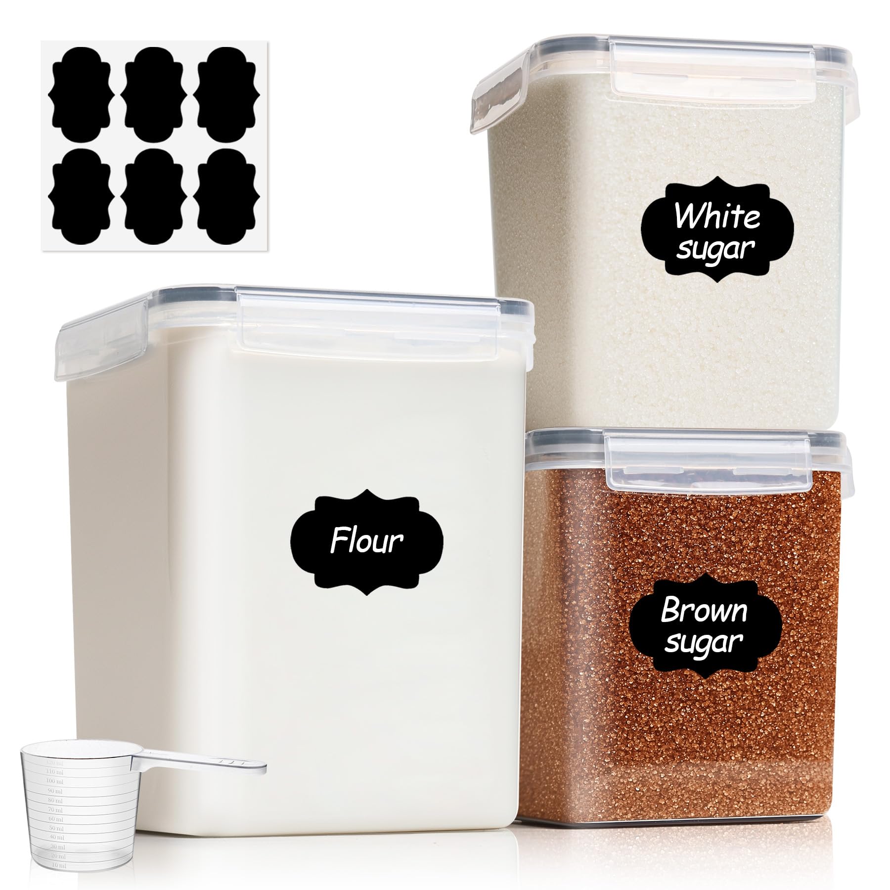 ComSaf Flour Sugar Storage Containers Set of 3 (5.2L/166oz) (2.5L/78oz*2), Large Airtight Food Storage Containers with Lids, Plastic Canisters Sets for Kitchen, Pantry Organizers for Rice and Baking