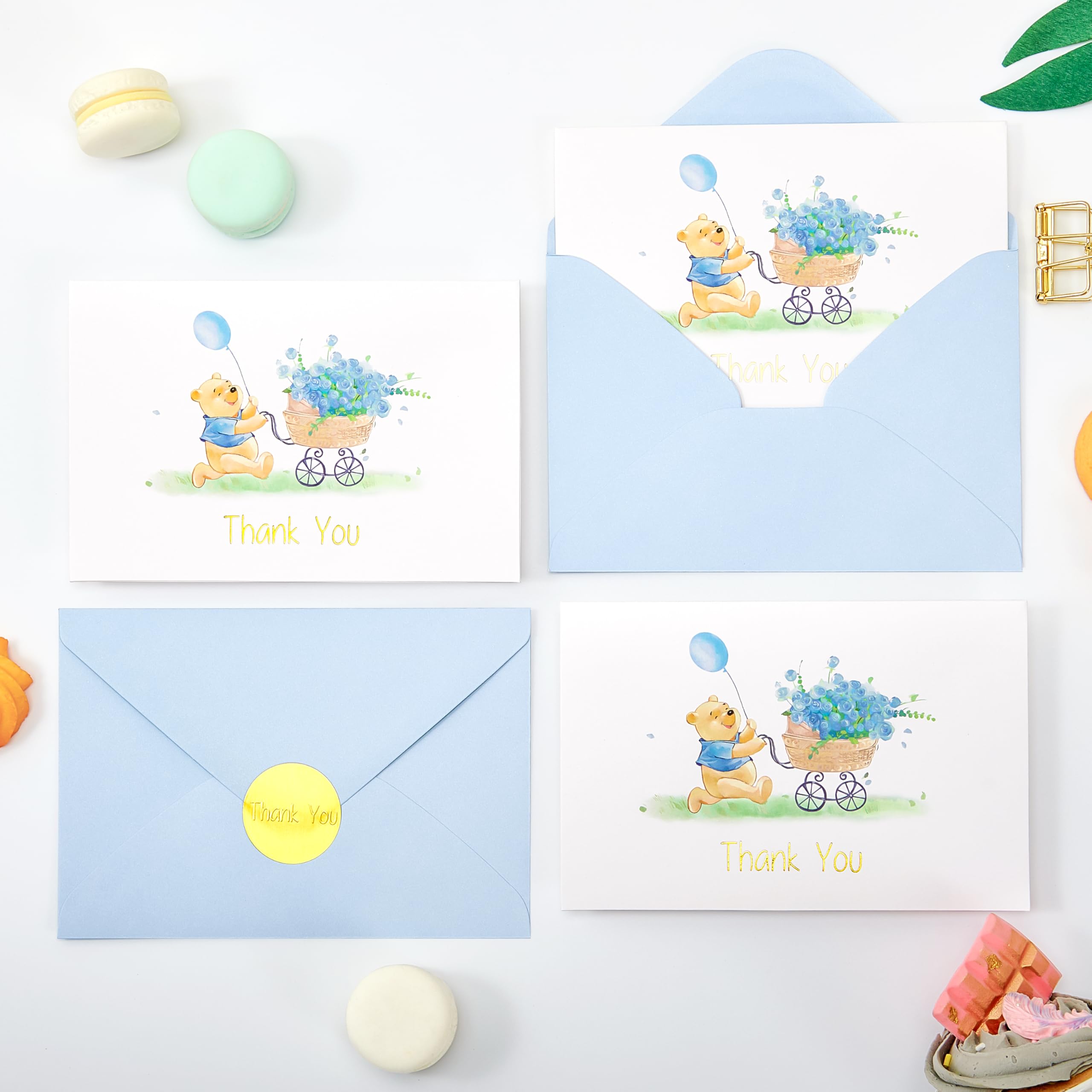 Crisky Baby Shower Blue Gold Foil Thank You Cards with Envelopes 50 Pack Greeting Notes Bulk (Cute Bear with Baby Carriage)