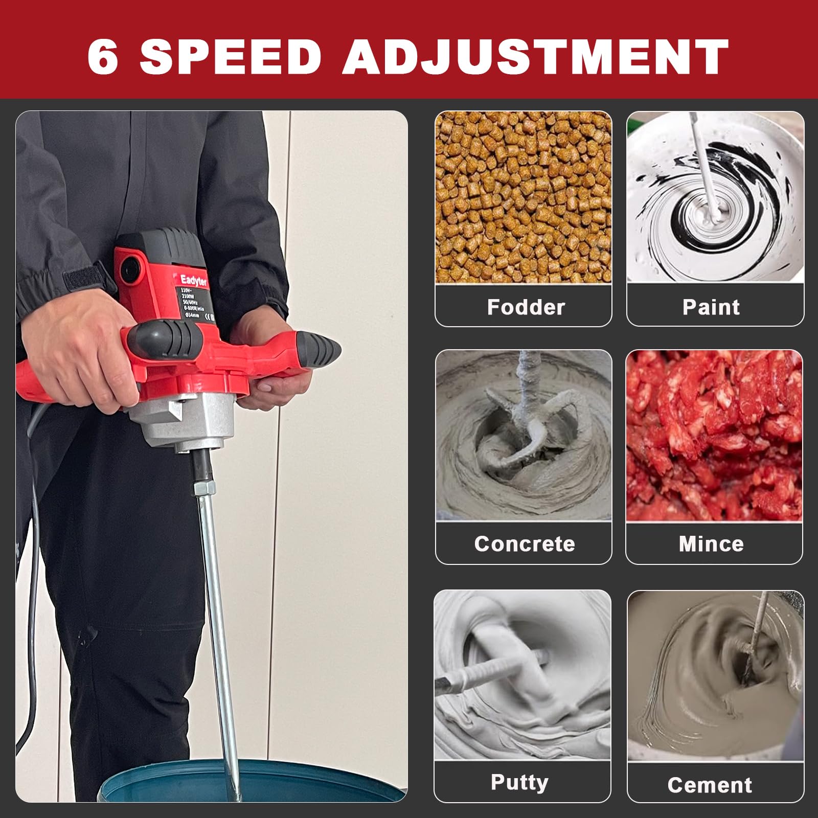 Cement Mixer, 2100W Handheld Electric Concrete Mixer, Portable Mortar Mixer with 6 Adjustable Speed, 110V Mud Mixer Machine Drill Tool for Paint Mortar Fodder Mixing Drywall Grout Plaster (Red)