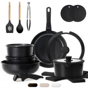 kikcoin 20 pcs pots and pans set non stick, detachable handle cookware sets nonstick, non toxic induction rv kitchen cooking set with removable handles, dishwasher/oven safe, easy clean (black)