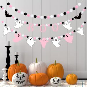 Doumeny 3pcs Halloween Boo Felt Garlands Bat Hanging Banner Ghost Theme Ball Garlands Halloween Black Pink White Pom Pom Banner Halloween Party Felt Banner for Halloween Party Fireplace Home Decor