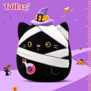 Houwsbaby 12" Halloween Black Cat Plush Pillow with Witch Hat and Poison Bottle, Creative Kitty Stuffed Animal,Soft and Spooky Decoration for Toddler Kids Boys Girls