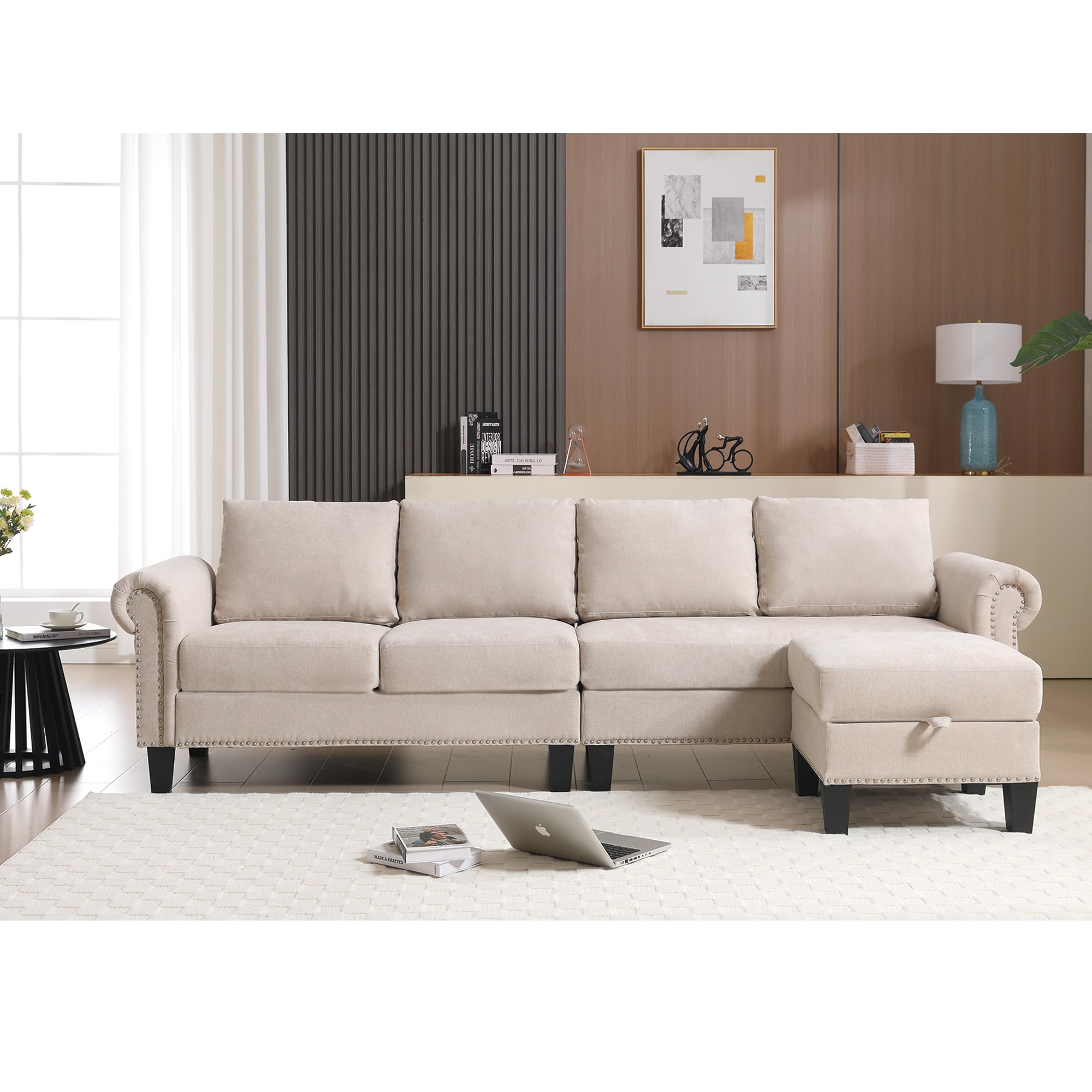 Ball & Cast 106" Convertible Sectional Sofa with Storage Chaise, Linen Upholstered 4 Seater Couch with Back Cushions and Removable Ottoman for Living Room, Apartment, Office,Beige