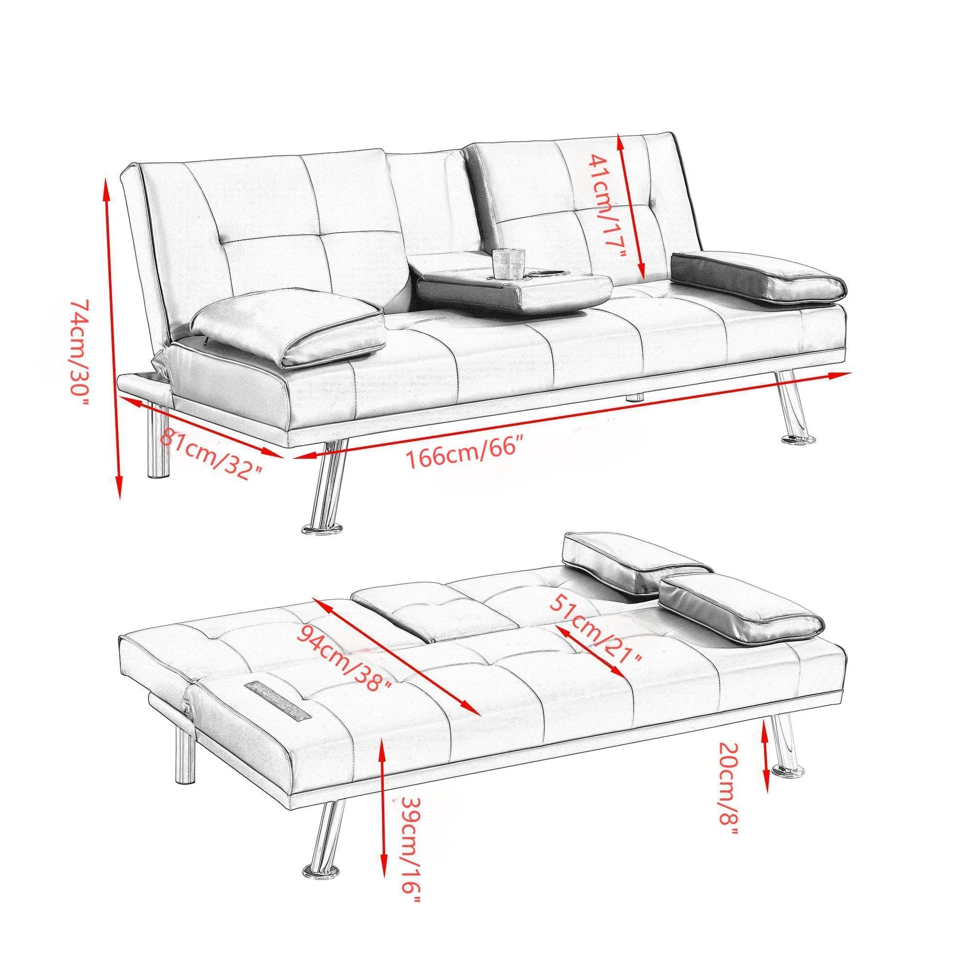 Folding Futon Velvet Sofa Bed Adjustable Couch Sleeper for Living Room Stainless Steel Frame and Feet with 2 Cup Holders，Removable Armrests (Light Blue)