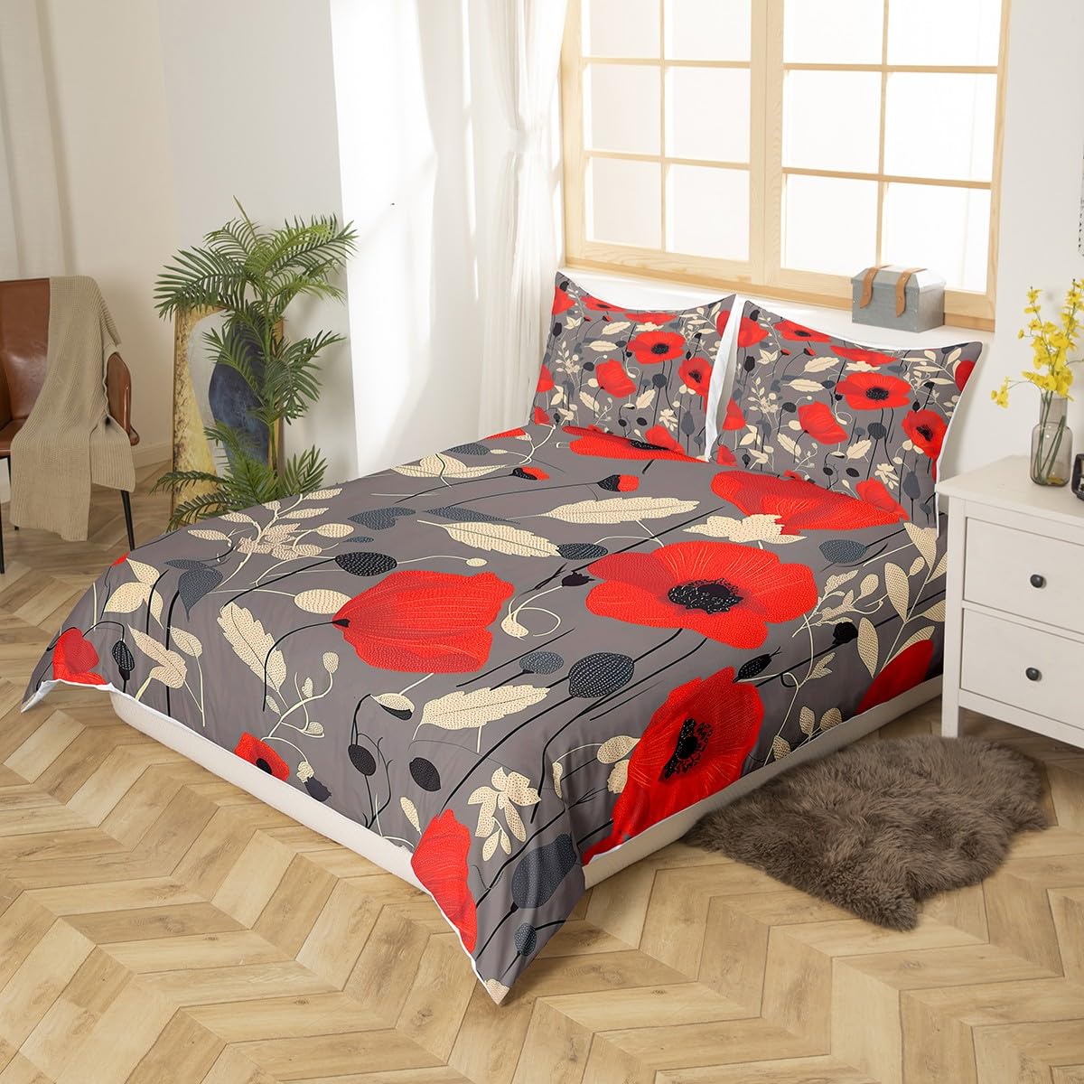 Feelyou Poppy Flower Bedding Set Queen Size Kids Garden Floral Bltanical Comforter Cover Set for Boys Girls Teens Red Poppy Leaves Duvet Cover Dark Grey Bedspread Cover (No Comforter)