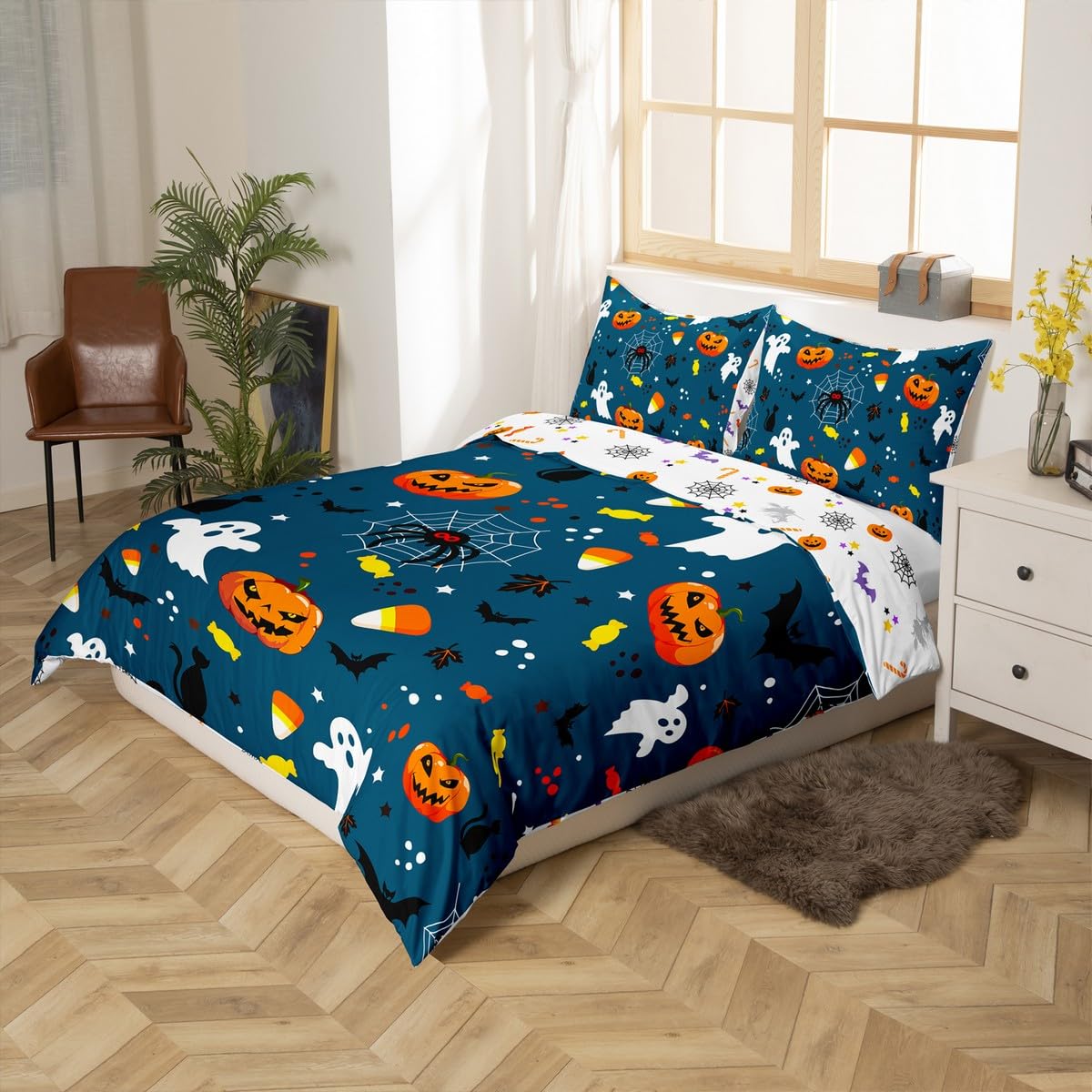 Erosebridal Happy Halloween Bedding Set King Size, Ghost Gothic Style Duvet Cover Pumpkin Candies Comforter Cover for Kids Boys Teens Adult, Spider Bat Reptile Quilt Cover, Dark Blue