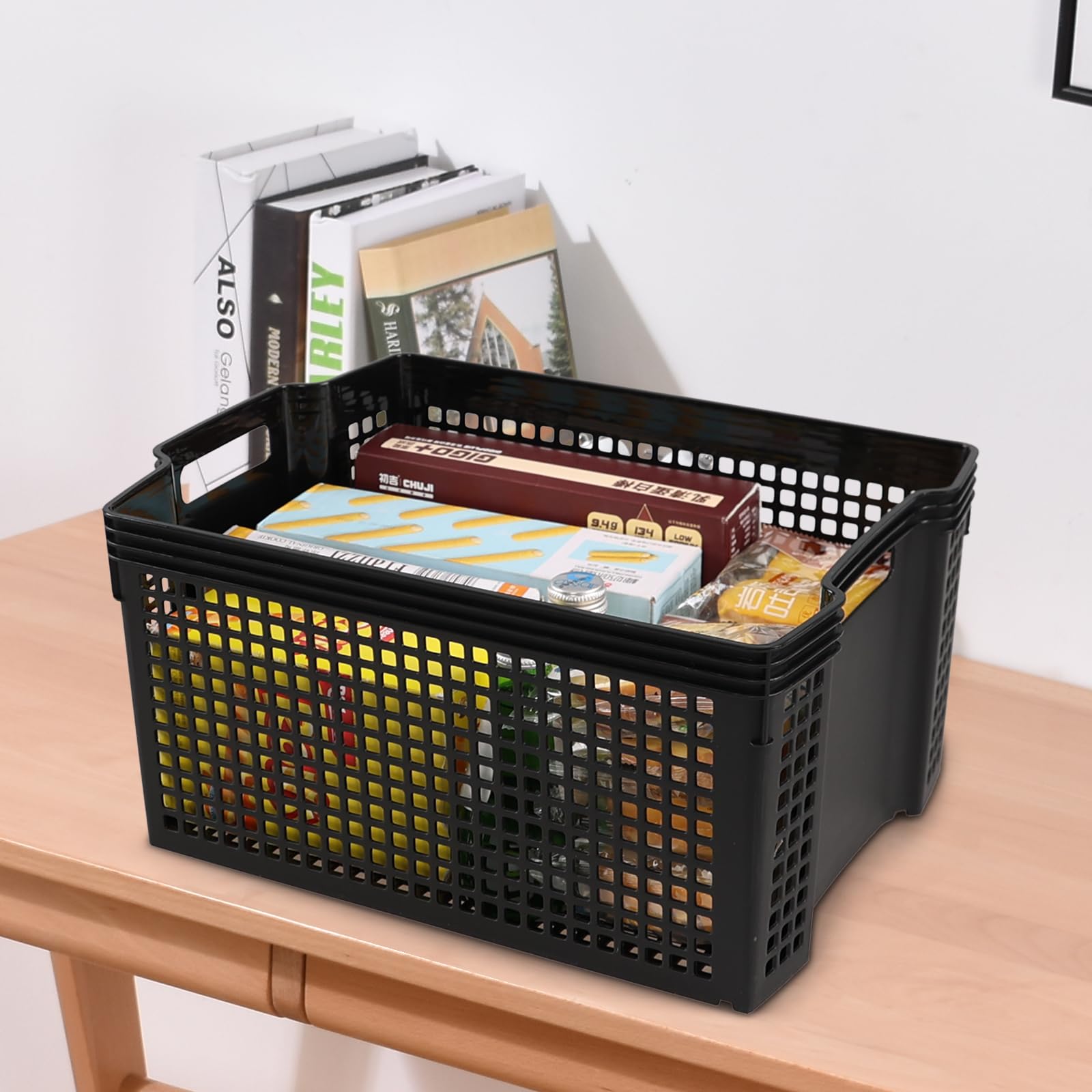 Bblina 6 Pack Large Plastic Organizer Baskets, Stackable Storage Baskets with Handles, Black