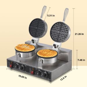 PioneerWorks Commercial Waffle Maker 2600W, Round Waffle Iron, Non-Stick Rotatable Waffle Baker Machine, Stainless Steel Round Commercial Waffle Maker for Restaurant, 50°C-300°C Temp Range, 110V