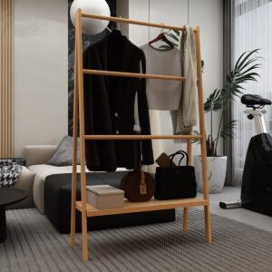 BOYANG Bathroom Standing Shelves Towel Rack, Bamboo Ladder Towel Rack with Storage Shelf, Bathroom Standing Shelves for Bathroom, Bedroom, Living Room, Poolside (Towel Rack)