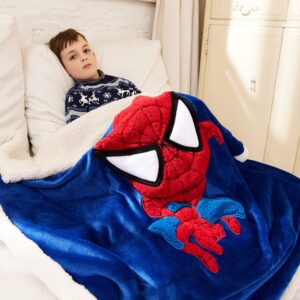 COCOPLAY W 3D Cartoon Embroidery Sherpa Flannel Blanket Throw for Kids, Soft Warm Cozy Plush Blanket for Couch Bed Sofa