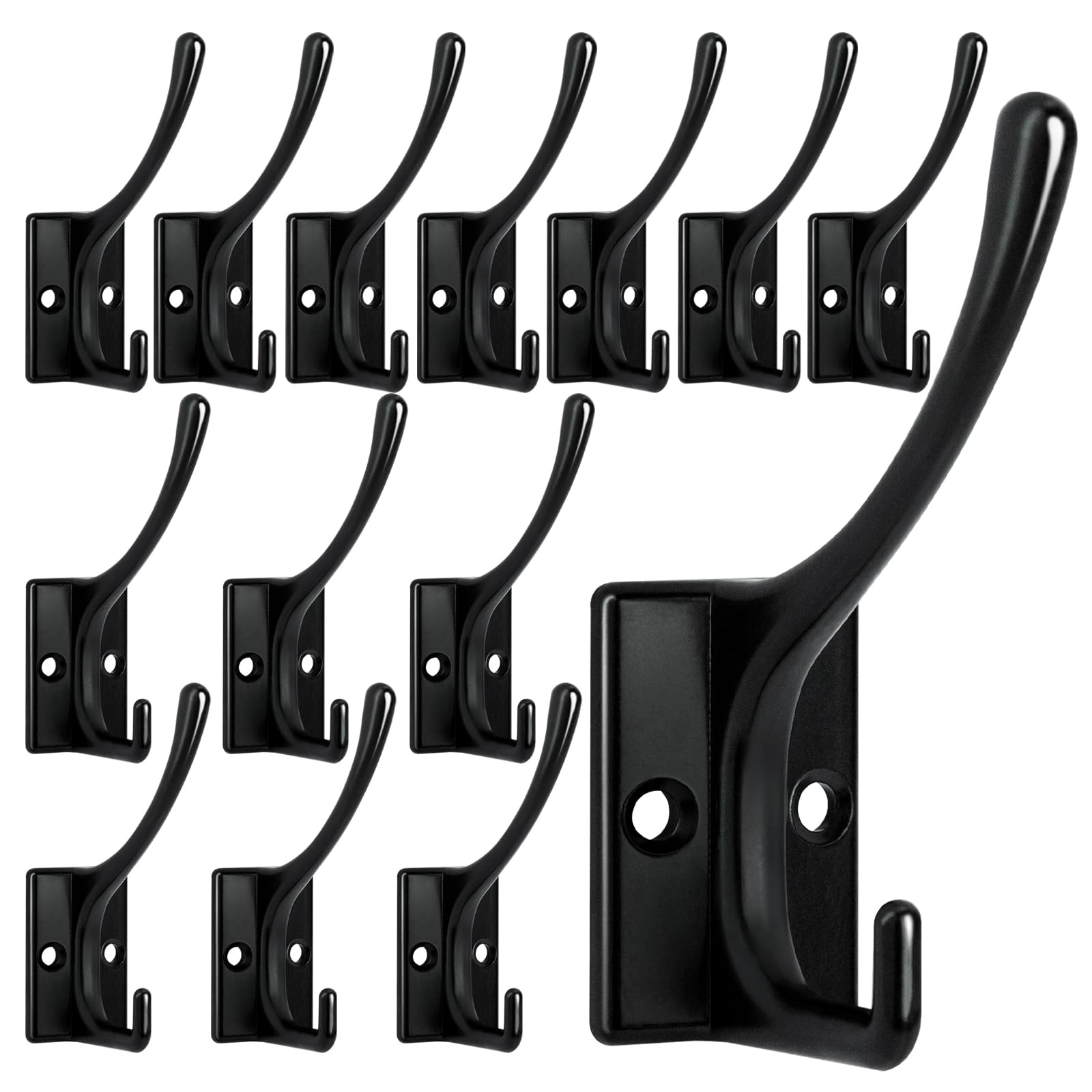 Homanu 14 Pack Coat Hooks, Heavy Duty Coat Hooks Wall Mount with 28 Screws, No Rust Double Hooks Black Hooks for Towel, Coat, Scarf, Bag, Hat, Cup, Key