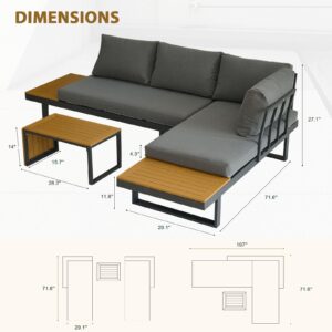 YOEEMZ Aluminum Patio Furniture Set, Outdoor Sectional L-Shaped Sofa or Daybed with Faux Wood Table, Modular Design, 4 Configurable Shapes, Grey