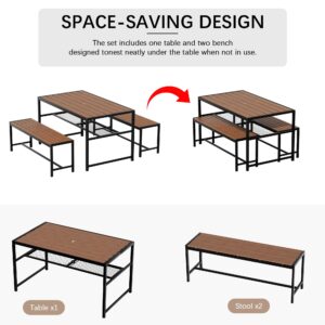 Outdoor Dining Set Picnic Table and Benches with 2" Umbrella Hole and Storage Shelf, Plywood Patio Dining Sets for 4-6 People, All-Weather Picnic Set for Garden Backyard Poolside - Brown