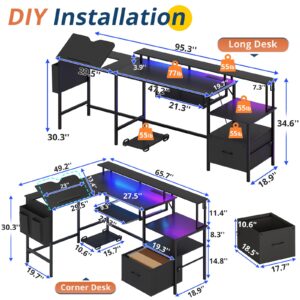 UPOSOJA L Shaped Gaming Desk with Keyboard Tray, Adjustable Drafting Table, Reversible Home Office Desk with Storage, Power Outlet LED Light File Cabinet Monitor Stand Printer Space (Black)