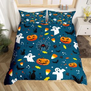 Erosebridal Happy Halloween Bedding Set King Size, Ghost Gothic Style Duvet Cover Pumpkin Candies Comforter Cover for Kids Boys Teens Adult, Spider Bat Reptile Quilt Cover, Dark Blue