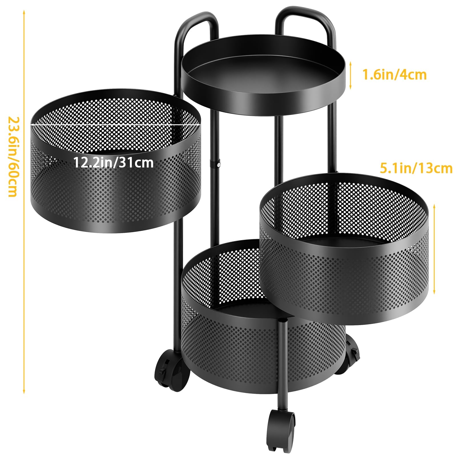 qajexluz Rotating Kitchen Storage Rack No Assembly, 3/4/5-Tier Metal Storage Tower Basket Shelves Organizer on Rolling Wheels with Removal Drawers for Fruit Vegetable Grocery Corns Potato Onion Tripl