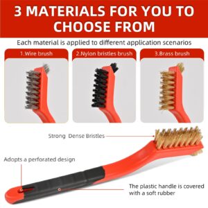 IEGREMAR 3pcs Wire Brushes for Cleaning Rust, Upgrade Wire Brush Set - Brass/Stainless Steel/Nylon Bristles, Small Metal Wire Brush with Curved Handle Grip, Wire Brushes for Paint and Stain, 7 Inches