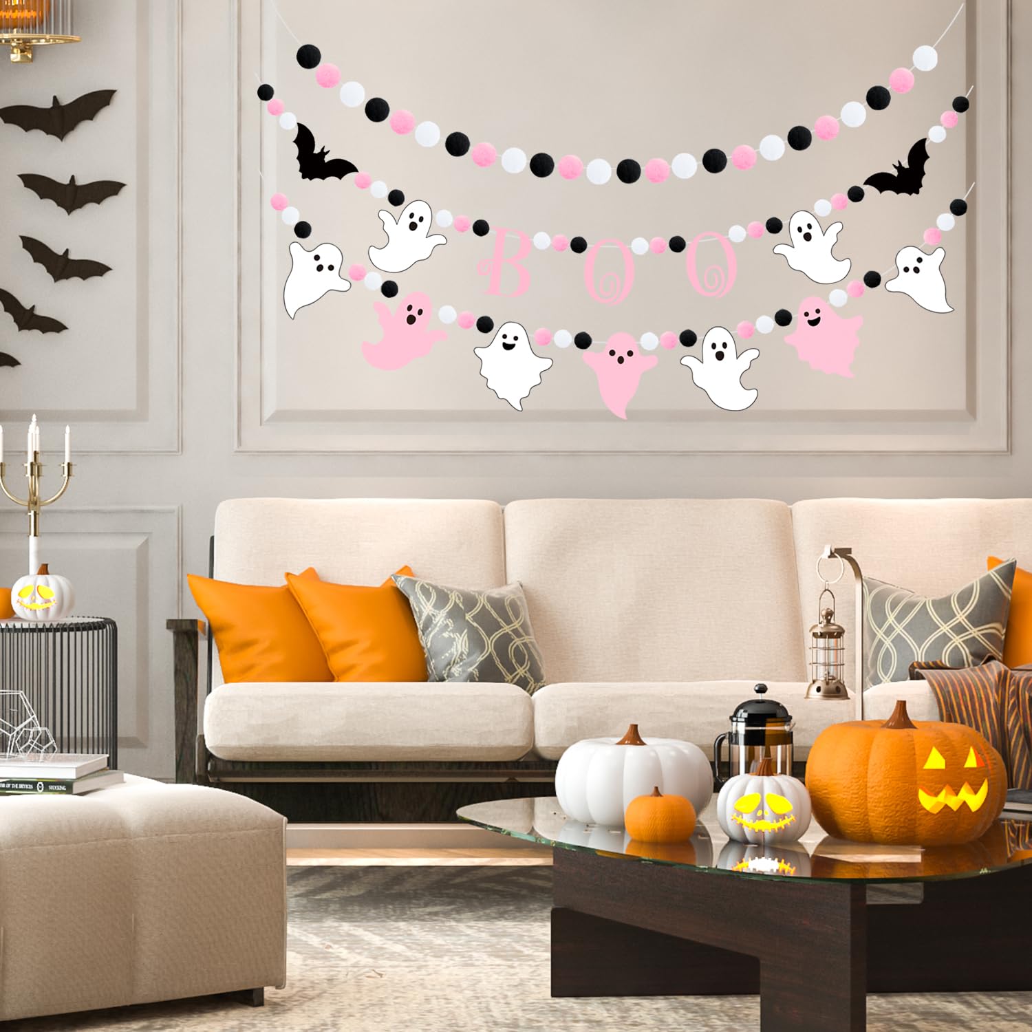 Doumeny 3pcs Halloween Boo Felt Garlands Bat Hanging Banner Ghost Theme Ball Garlands Halloween Black Pink White Pom Pom Banner Halloween Party Felt Banner for Halloween Party Fireplace Home Decor