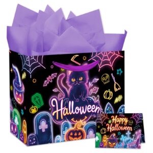 duludulu purple 13" large halloween bags cat pumpkins halloween bag with card and purple tissue paper for kids adults halloween party birthday bag supplies