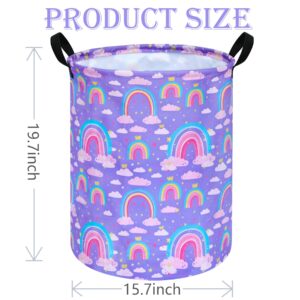 ACMUUNI 19.7 Inch Purple Rainbow Round Kids Round Laundry Clothes Hamper Dino Laundry Basket with Handles,Baby Toys Storage Organizer Bins Laundry Gift Basket for Boys and Girls Room, Bedroom Decor