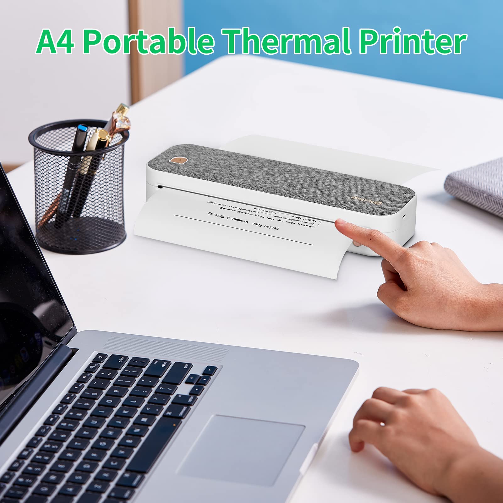 HXBER Photo Printer, A4 Paper Printer Direct Thermal Transfer Wirless Printer Mobile 210mm Mini Mobile Photo Printer USB BT Connection Support 2''/3''/4'' Paper Width Printing PDF File Webpage