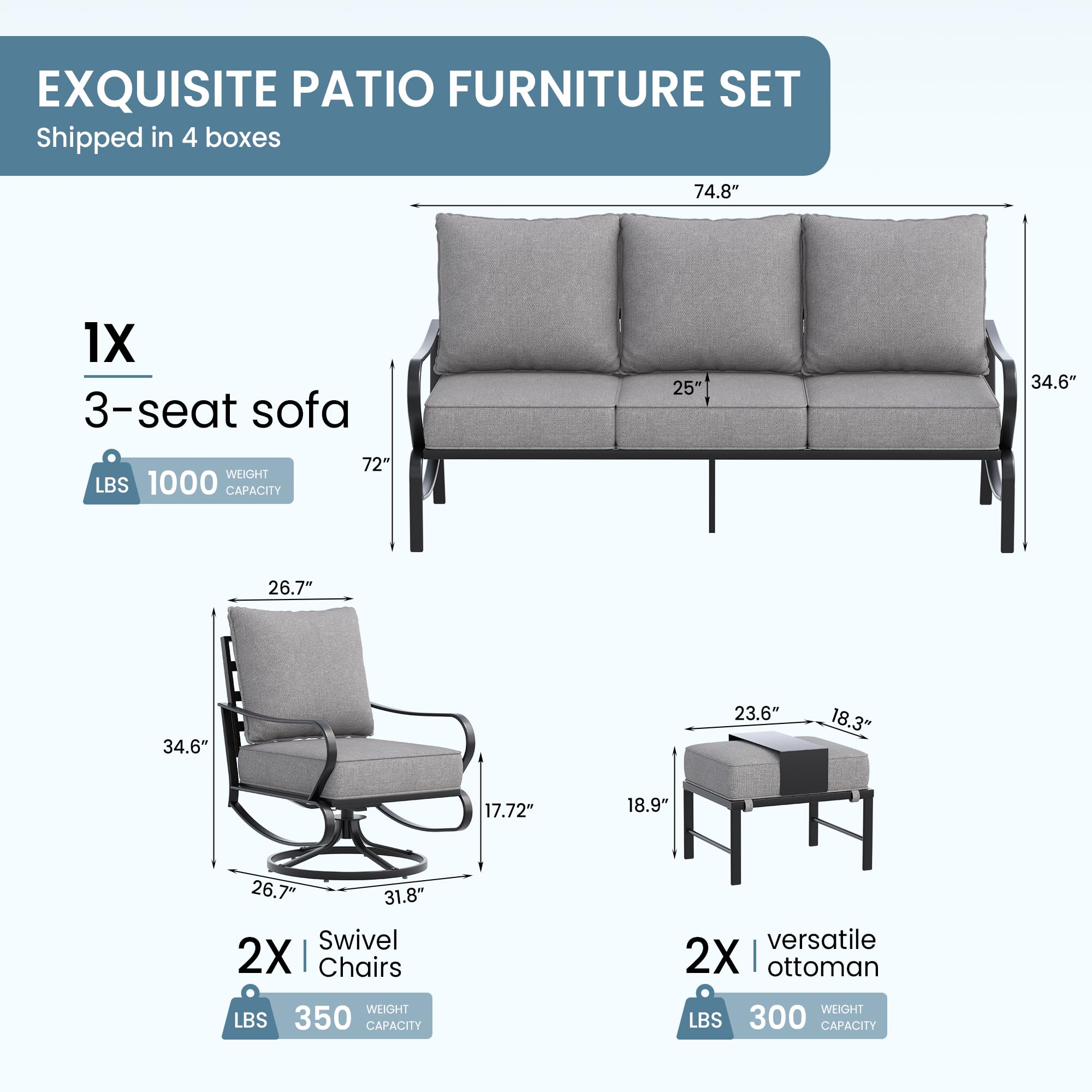 Amopatio Patio Furniture Set, Outdoor Furniture Set with Swivel Chair, 5 Pieces Patio Conversation Sets with 5.75" Extra Thick Cushion Include Waterproof Covers for Poolside Deck, Grey