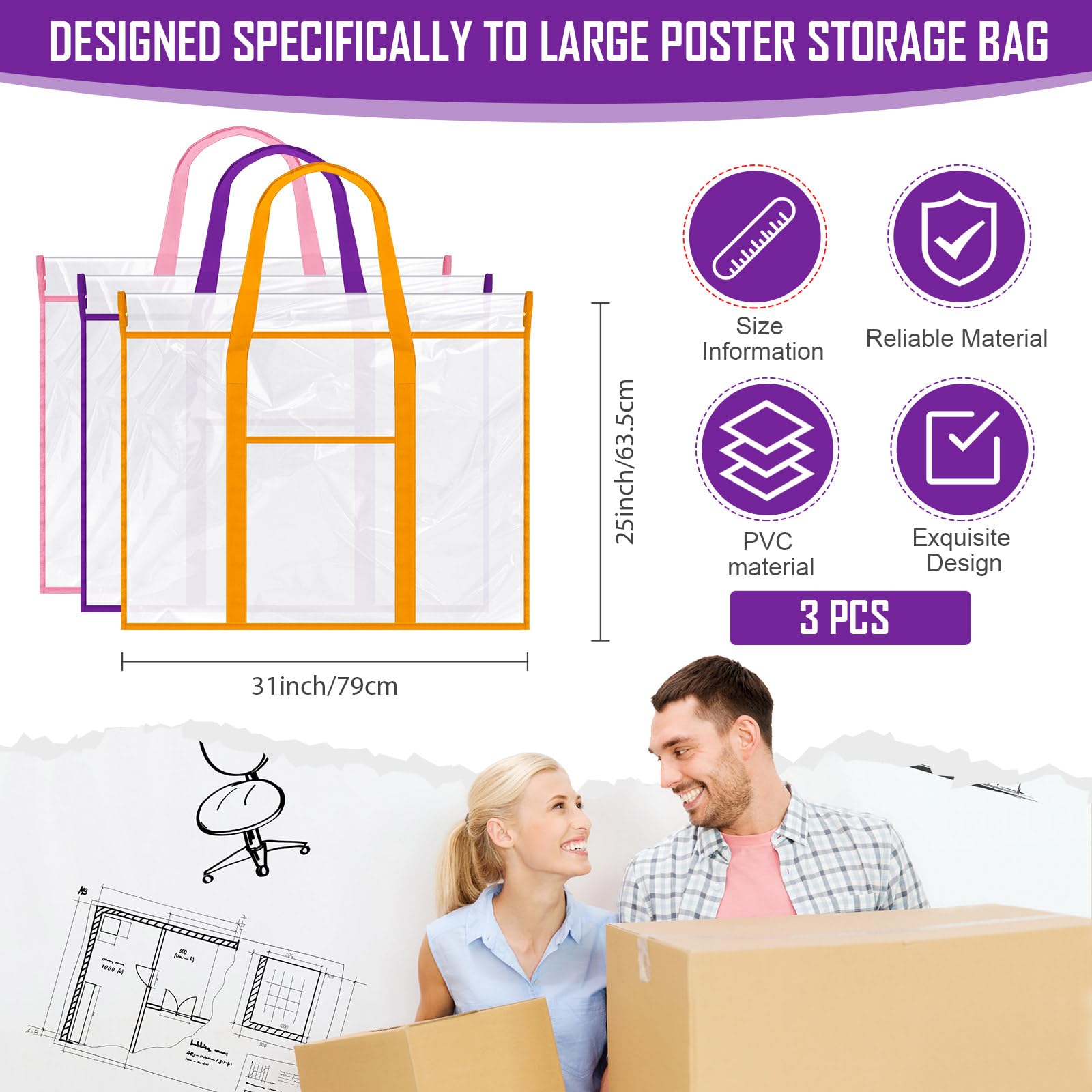 Vincreem 6 Pack 25" x 31" Large Poster Storage Bag Art Portfolio Case PVC Portfolio Folder with Pocket Clear Bulletin Board Holder Chart Organizer Container for Artwork Teacher Classroom Paper