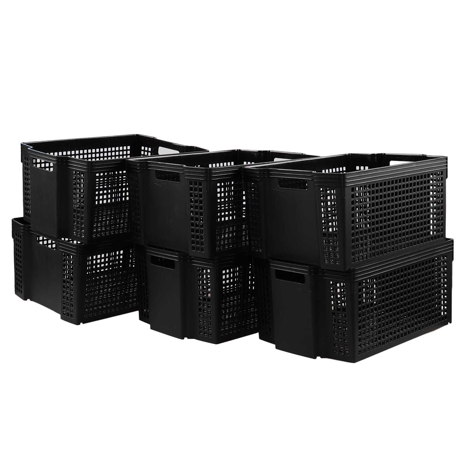 Bblina 6 Pack Large Plastic Organizer Baskets, Stackable Storage Baskets with Handles, Black