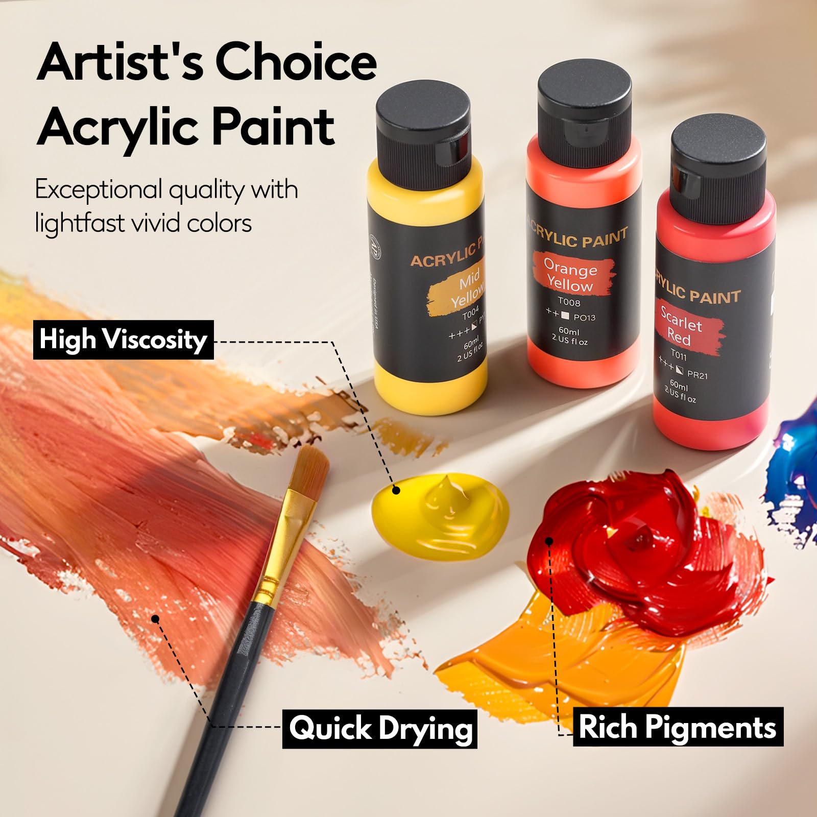 Acrylic Paint Set, 24 Colors (2 oz/Bottle) with 12 Art Brushes, Art Supplies for Painting Canvas, Wood, Ceramic & Fabric, Rich Pigments Lasting Quality for Beginners, Students & Professional Artist