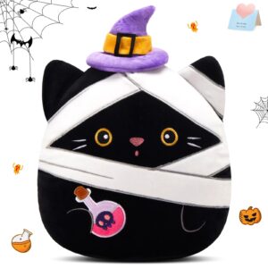 houwsbaby 12" halloween black cat plush pillow with witch hat and poison bottle, creative kitty stuffed animal,soft and spooky decoration for toddler kids boys girls