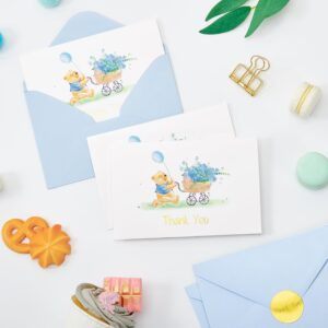 Crisky Baby Shower Blue Gold Foil Thank You Cards with Envelopes 50 Pack Greeting Notes Bulk (Cute Bear with Baby Carriage)