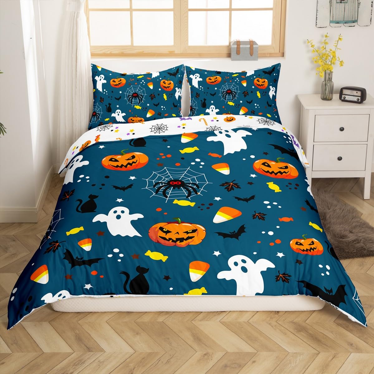 Erosebridal Happy Halloween Bedding Set King Size, Ghost Gothic Style Duvet Cover Pumpkin Candies Comforter Cover for Kids Boys Teens Adult, Spider Bat Reptile Quilt Cover, Dark Blue