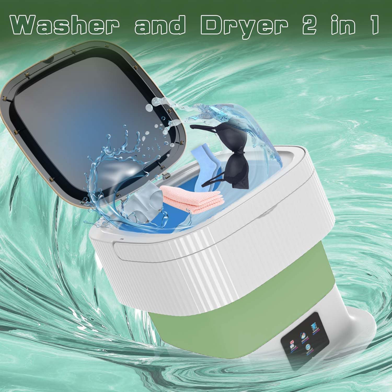 Mini Washing Machine,12L Foldable Washer and Dryer Combo, Collapsible Mini Washer for Underwear, Baby Clothes Apartments, Dormitories (Green)