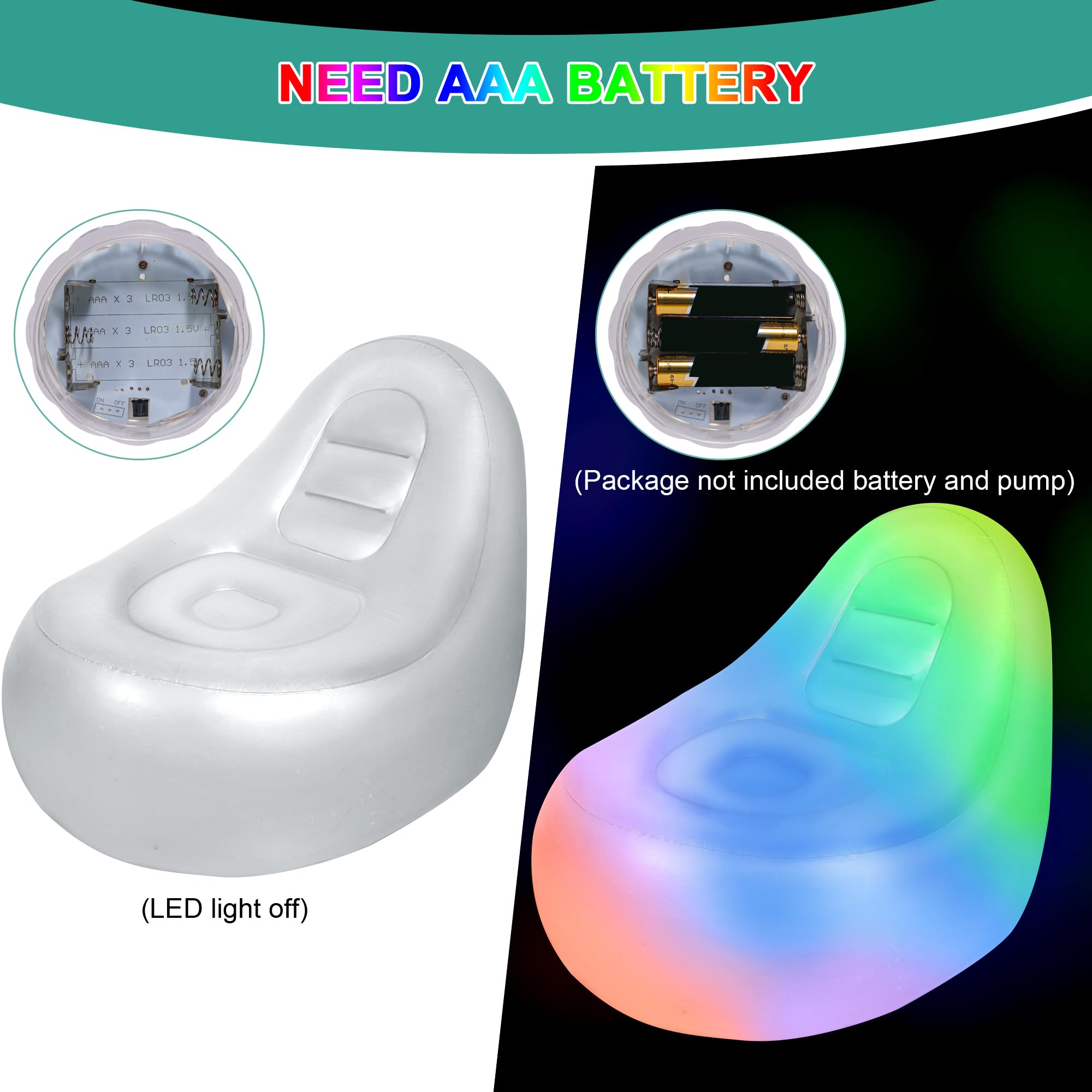 MIICASA LED Light Inflatable Chair, Blow Up Illuminated Air Sofa, Folding Lazy Sofa Furniture, Inflatable Lounge, Inflatable Couch Without Pump for Indoor Outdoor Camping, Party, Beach, Hiking, Yard