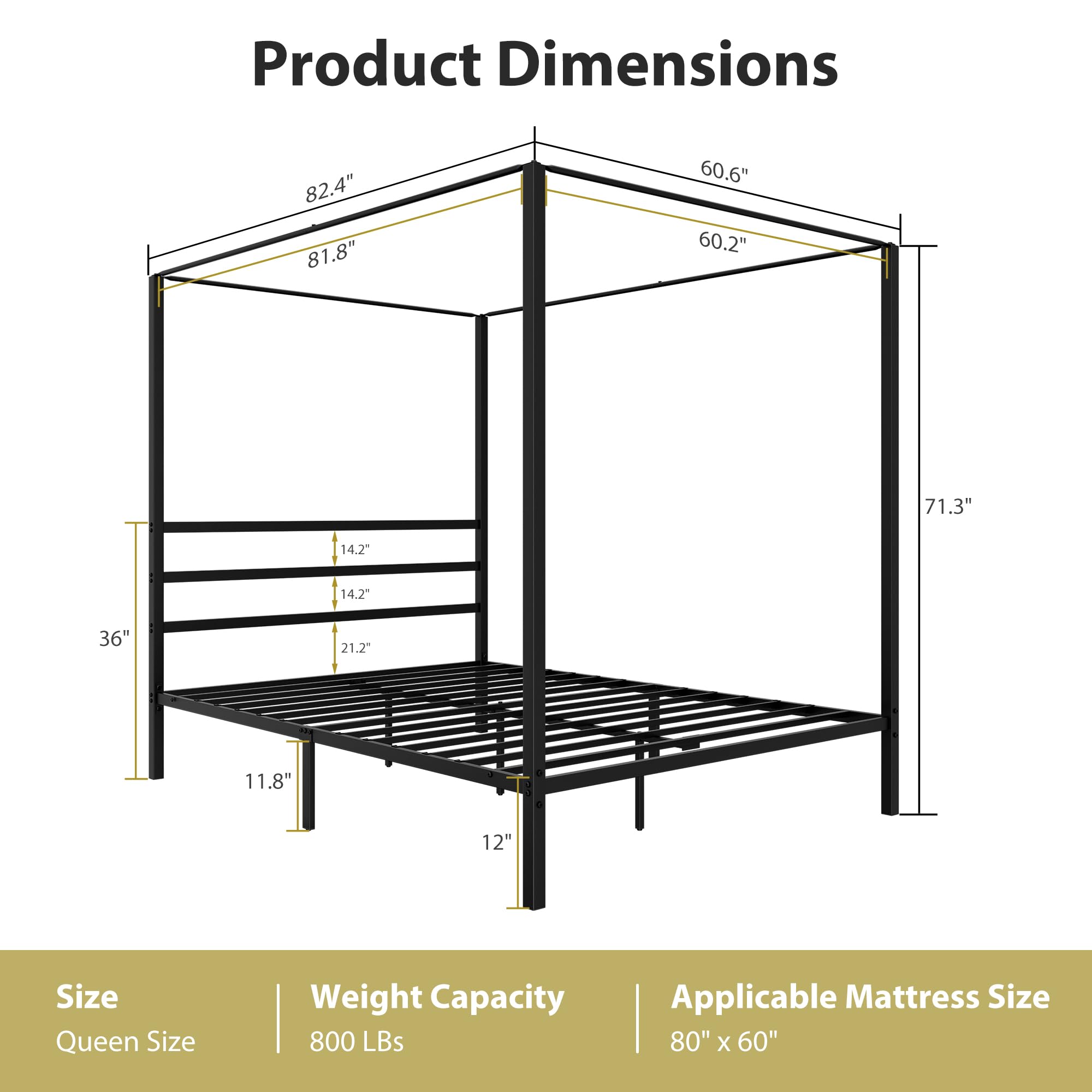 SUPER DEAL Metal Canopy Bed Frame Queen Size Four Poster Bedframe with Built-in Headboard 14 Inch Platform Mattress Foundation Sturdy Slatted Structure No Box Spring Needed Easy Assembly, Black