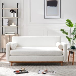 63" W Loveseat Sofa,White Boucle Couch with LED Lights and USB Ports Modern Fluffy Love Seat Couches 2 Seater Comfy All-Wood Washable Covers Sofa Furniture for Bedroom Living Room Small Space Office