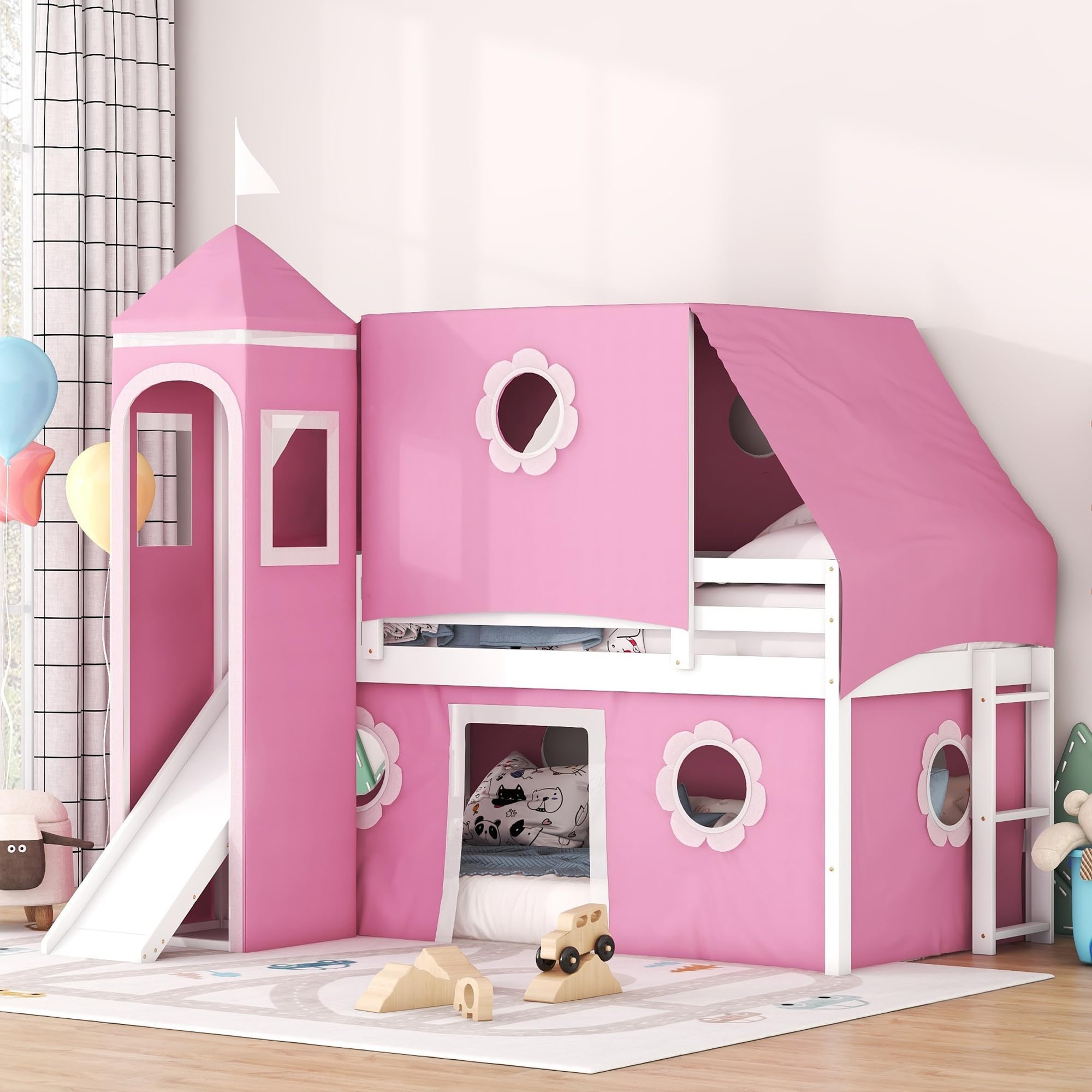 Pink Twin Size Loft Bed with Slide, Windows and Tent, Safe Playhouse Design with Guardrails and Ladder, No Box Spring Required, Perfect for Kids Bedrooms, Pink