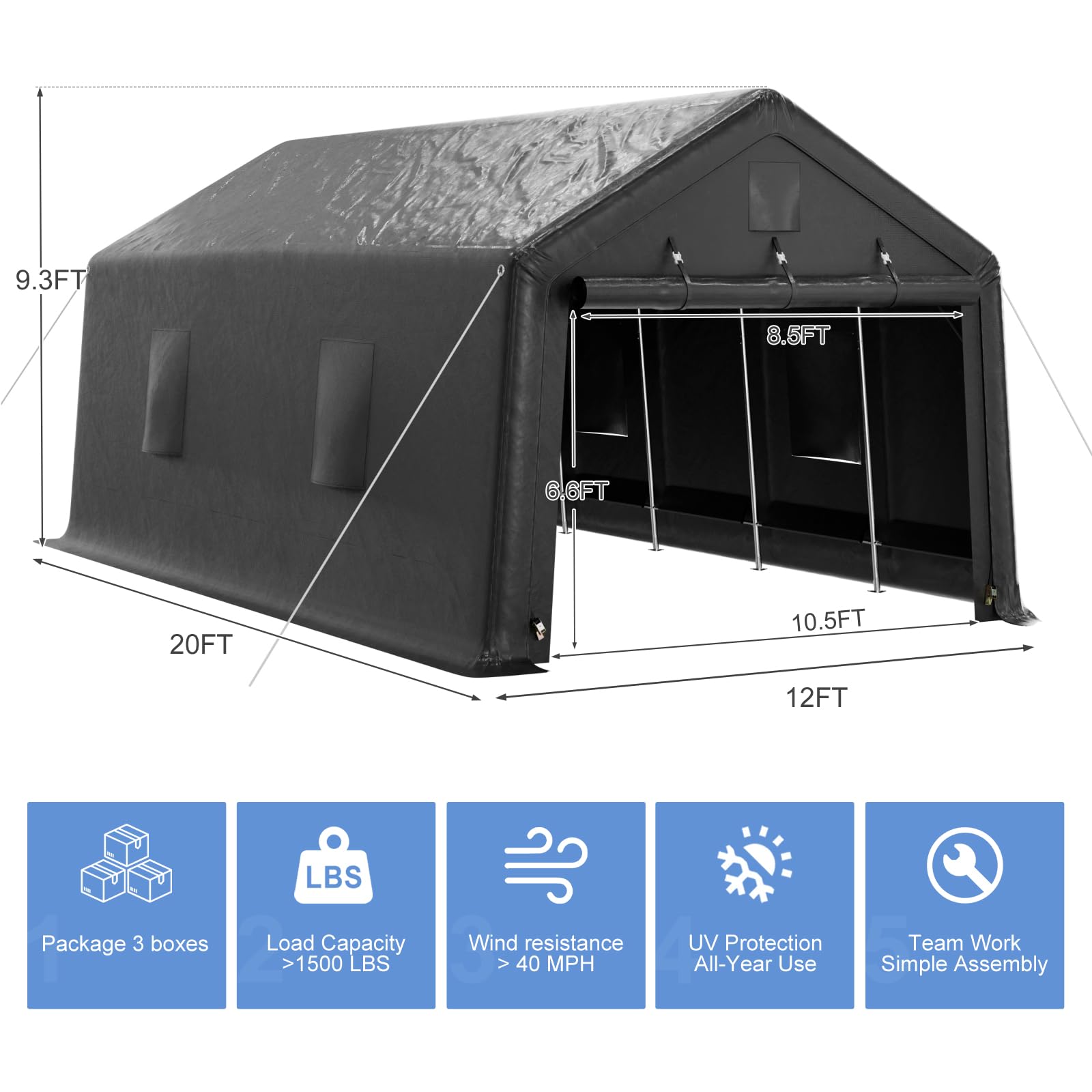 WELYAS 12×20 FT Heavy Duty Carport Shelter with Metal Frame, Round Style Roof Shed for Outdoor Storage, Outside Car Port, Shelter, Tent, Canopy for Truck Boat, RV, SUV (12×20 FT, Pointed Roof)