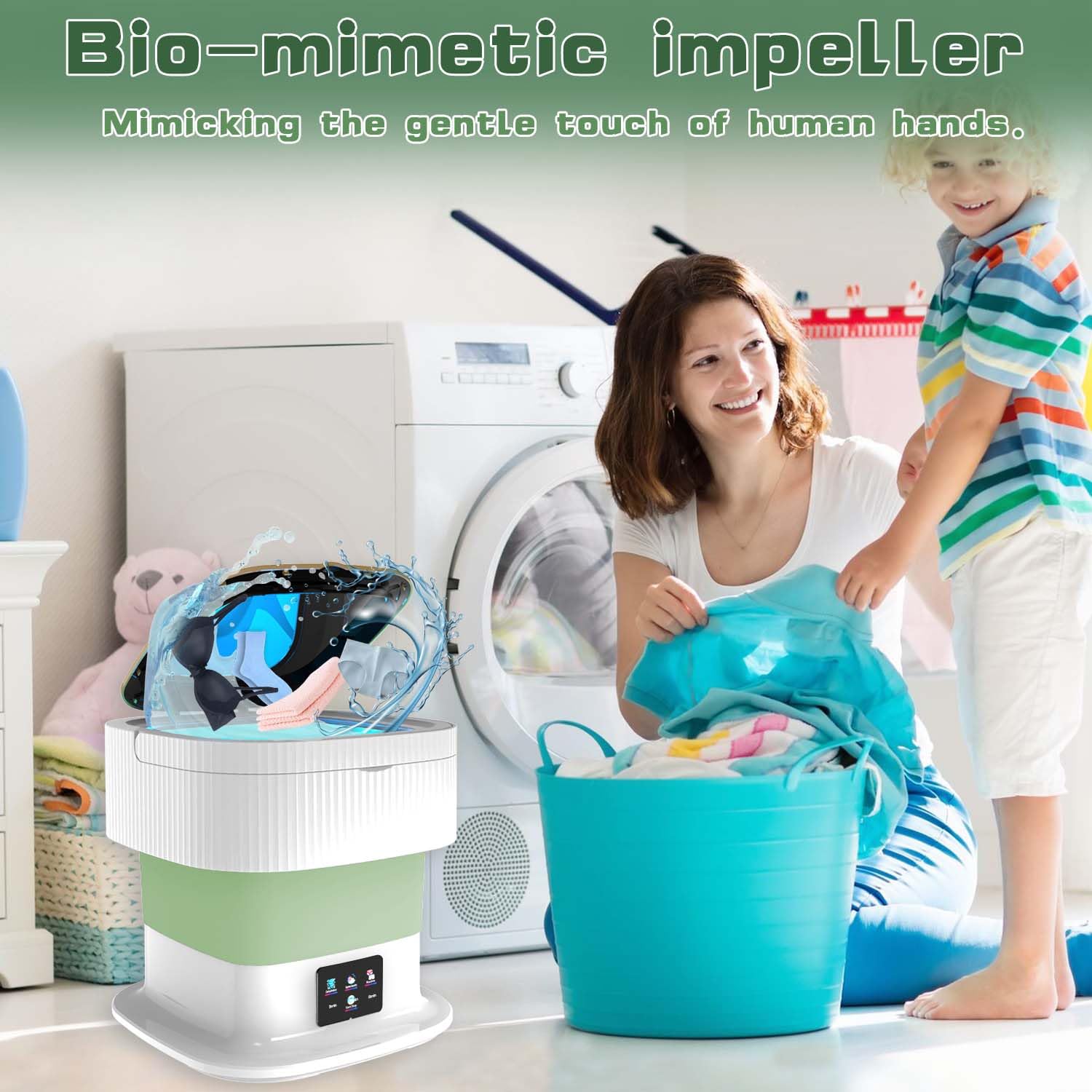 Mini Washing Machine,12L Foldable Washer and Dryer Combo, Collapsible Mini Washer for Underwear, Baby Clothes Apartments, Dormitories (Green)